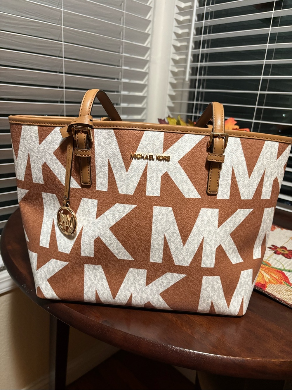 Michael Kors Tan and White MK Signature Tote with Gold Charm